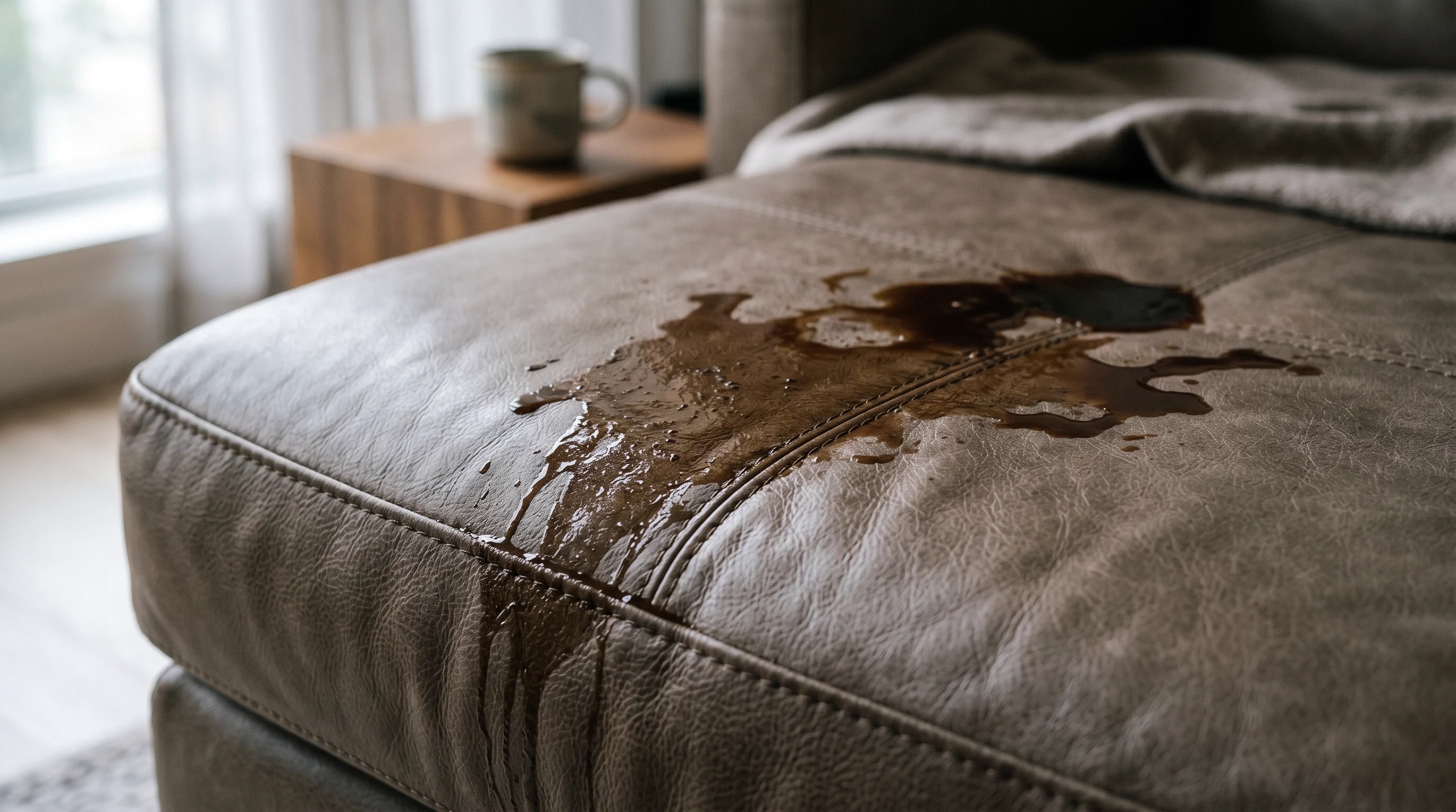 Coffee spill on semi-aniline leather showing beading on protective pigment layer