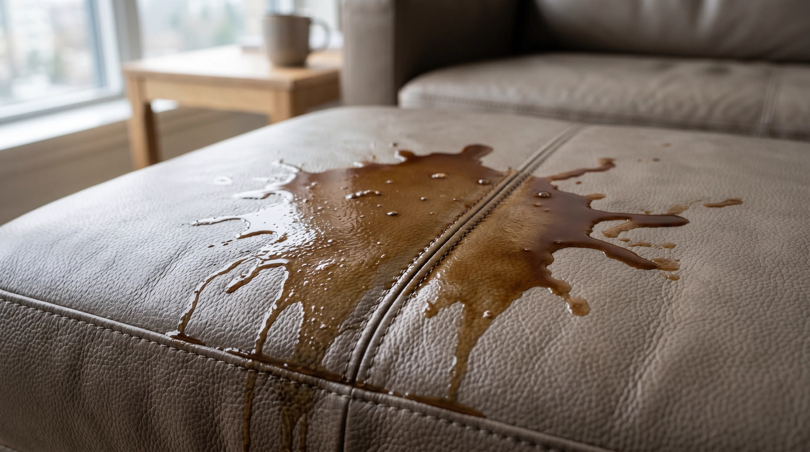 Coffee stain on pigmented leather sofa showing surface absorption pattern