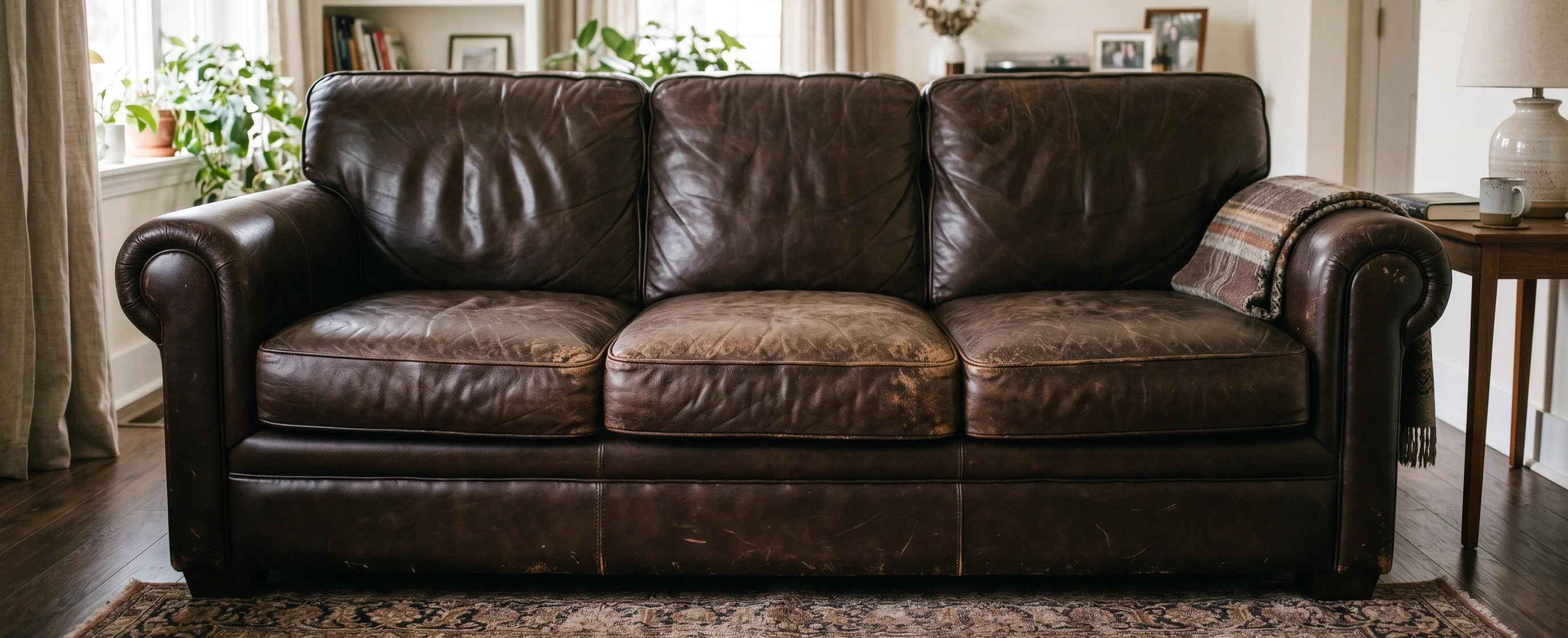 Old leather sofa showing flaking and peeling topcoat - advanced cracking damage