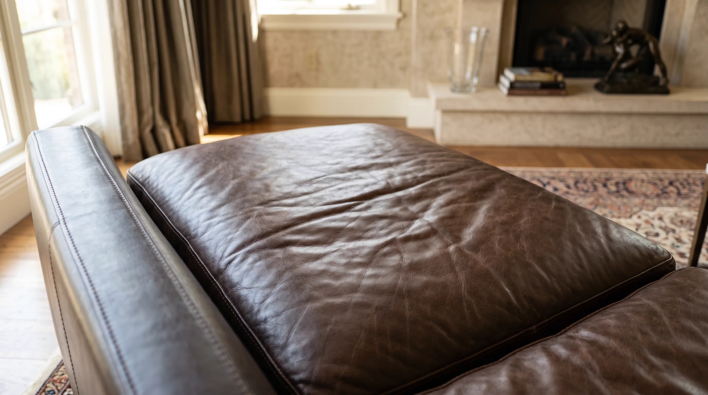 Natural leather sofa seat creasing showing healthy patina and soft fold lines