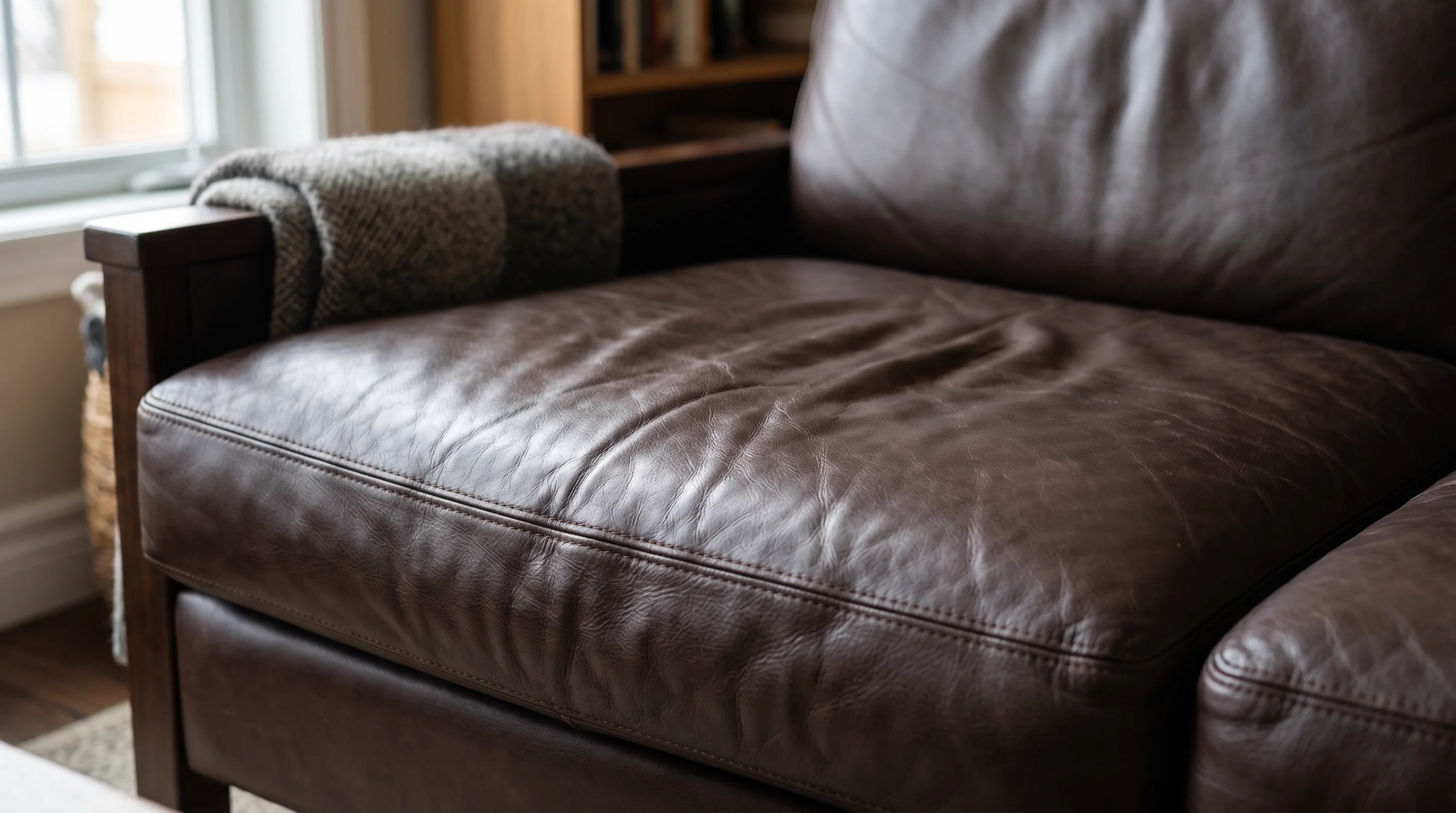 Old leather sofa seat front view showing severe creasing and dryness early signs of cracking