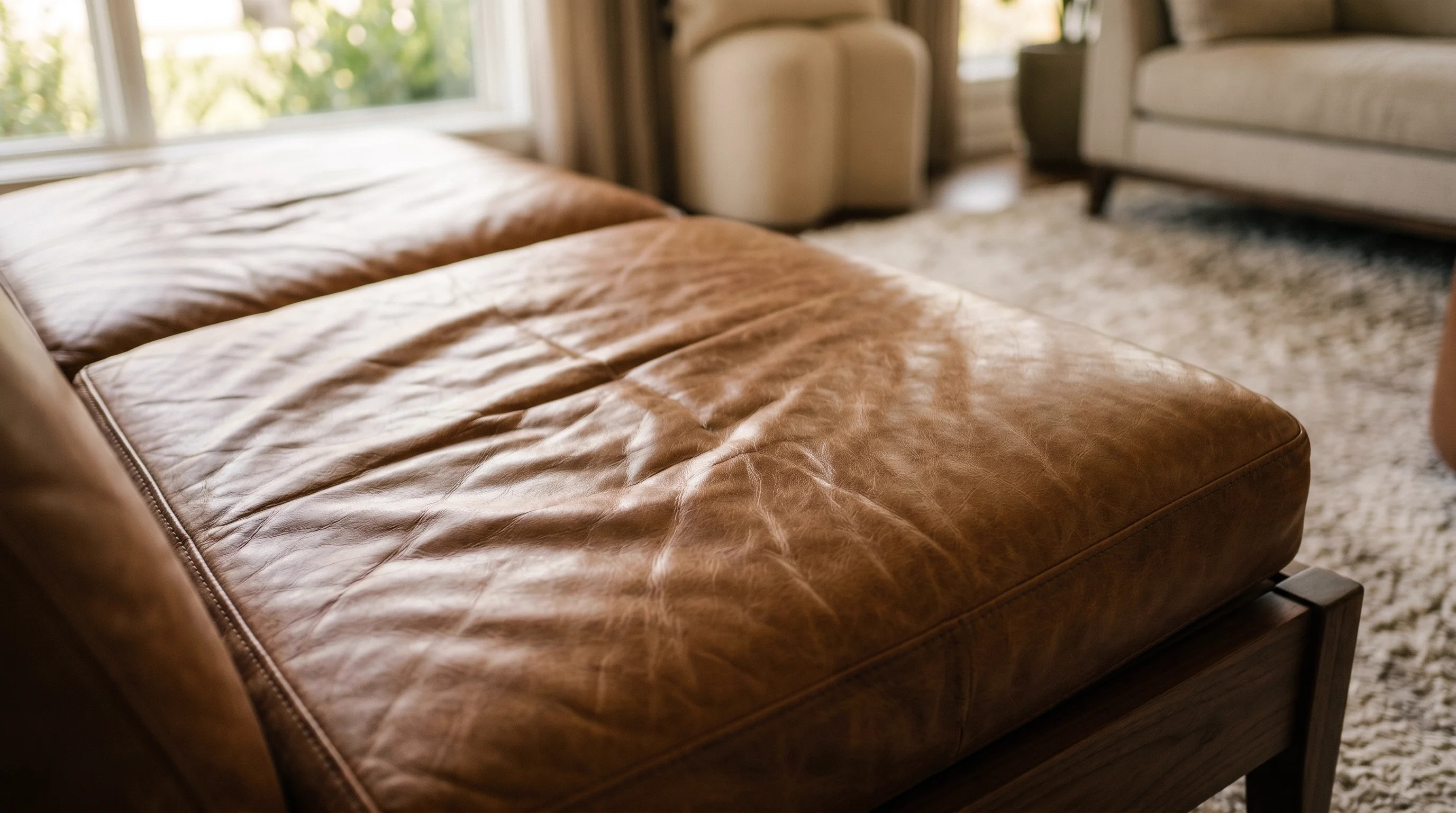 Semi-aniline leather sofa seat showing normal use creasing pattern