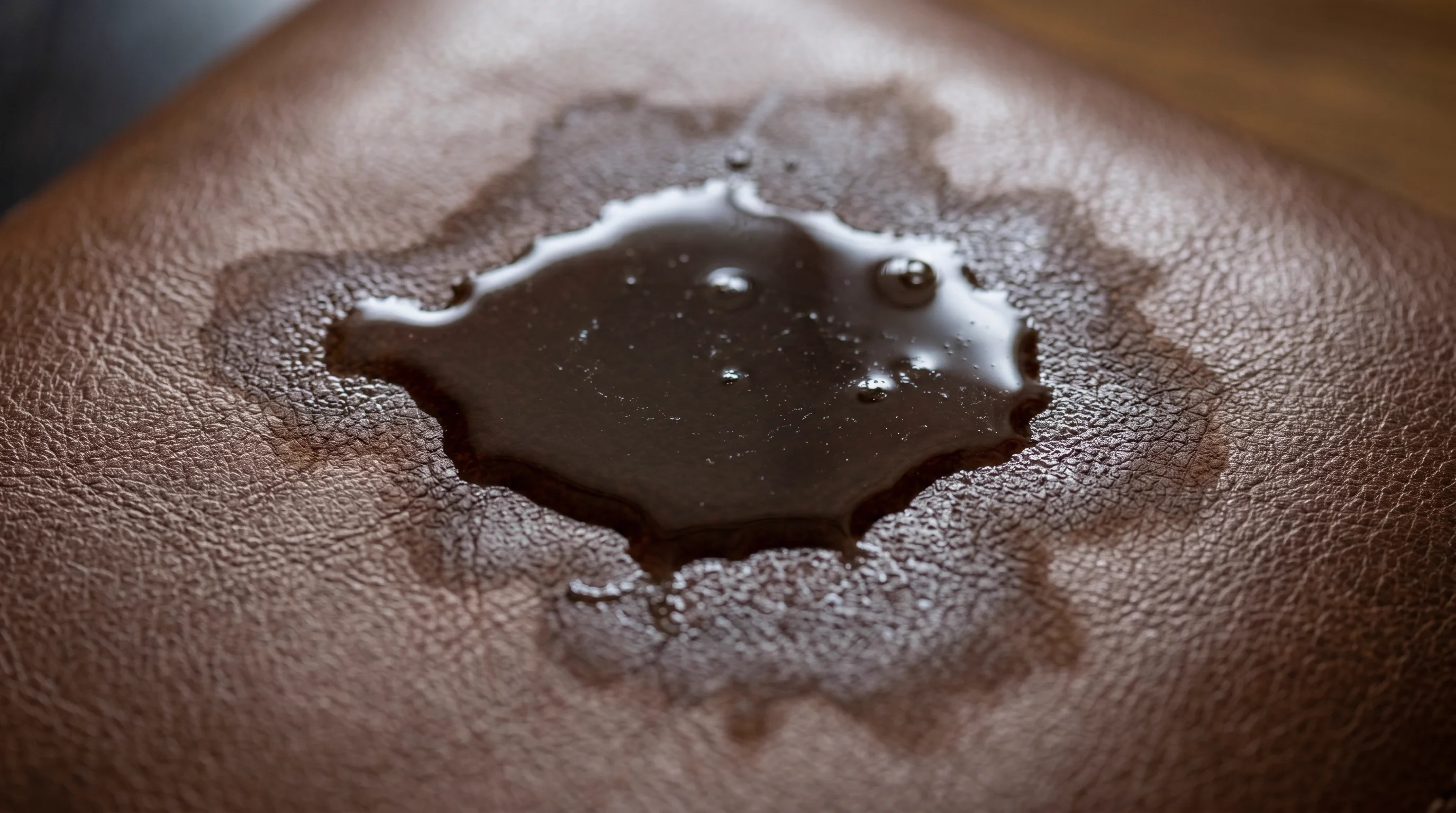 Water spill on semi-aniline leather sofa showing beading effect from protective pigment top-coat