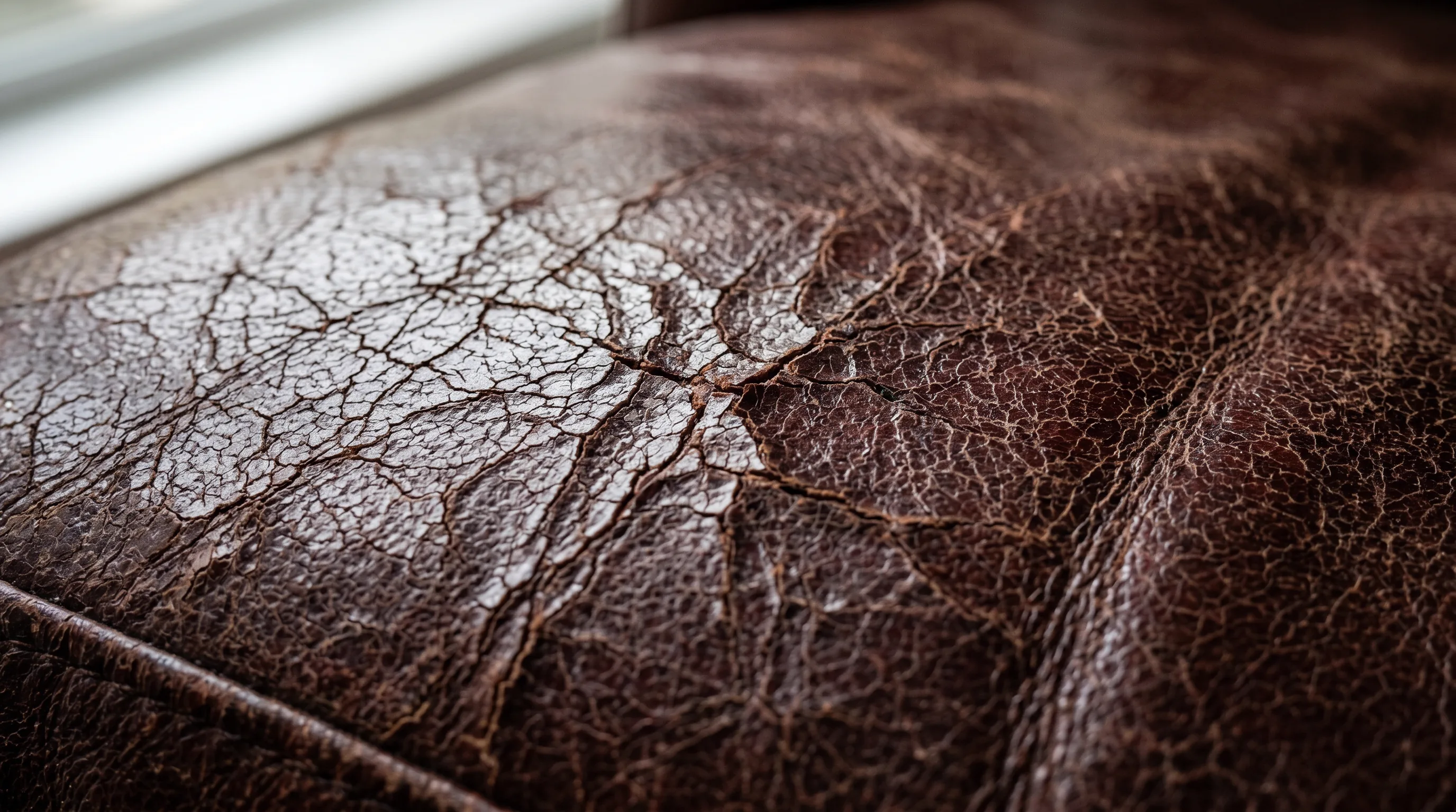 Cracked B&B Italia pigmented leather sofa with topcoat crazing before flexible-fill repair