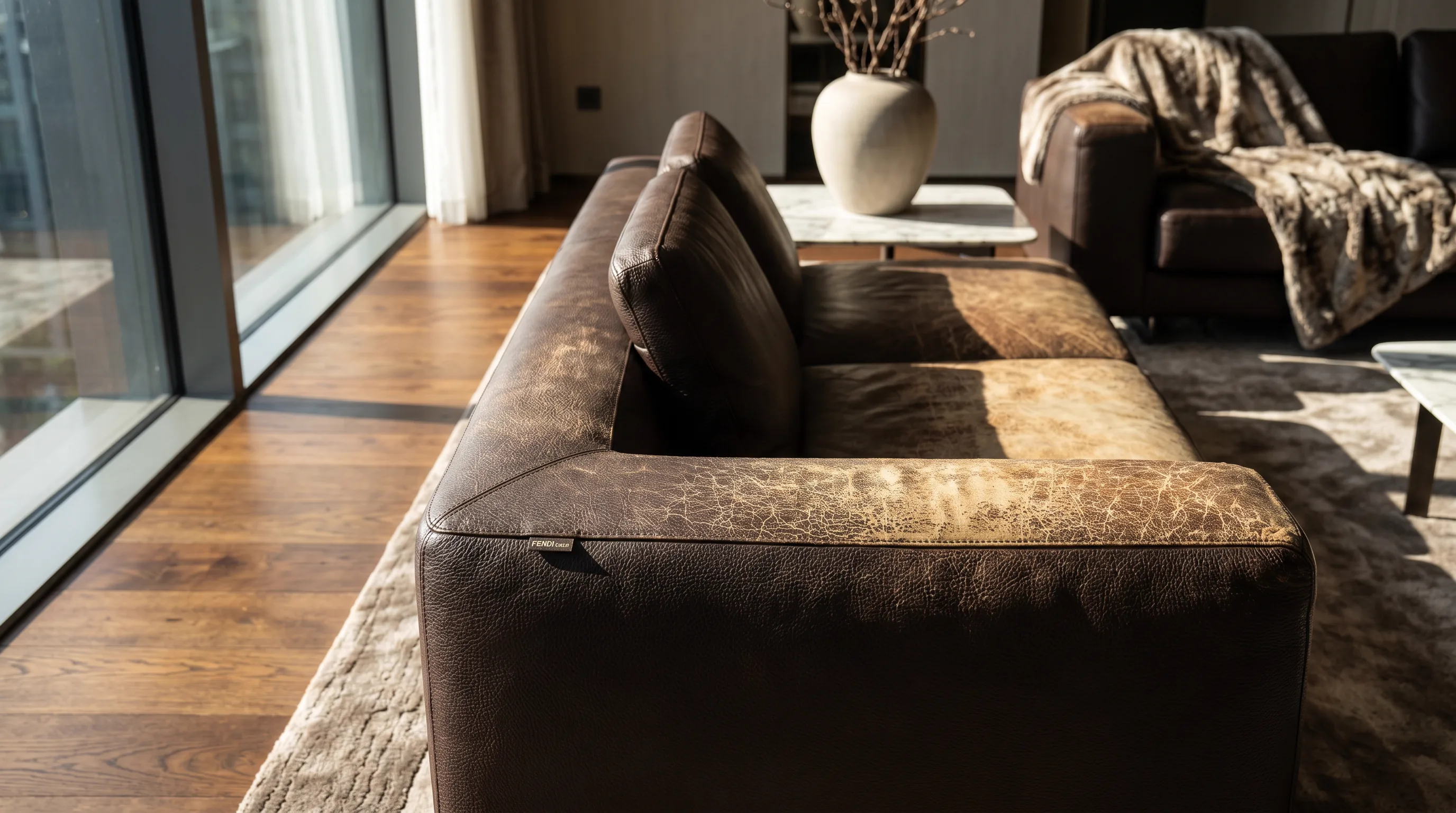 UV-faded Fendi Casa leather sofa with bleached pigment patches before colour restoration