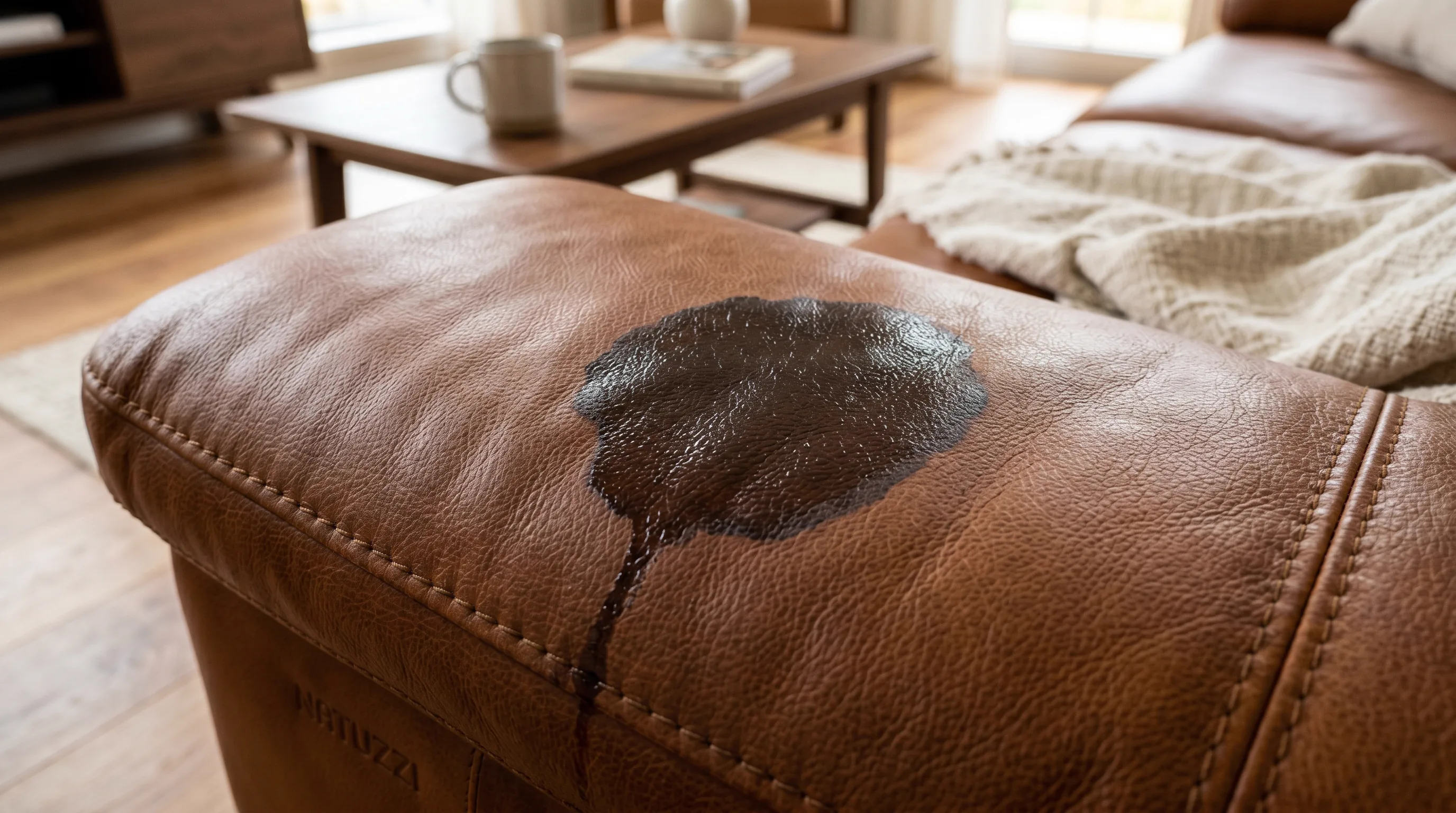Natuzzi leather sofa with darkened hair-oil stain on headrest before poultice lift