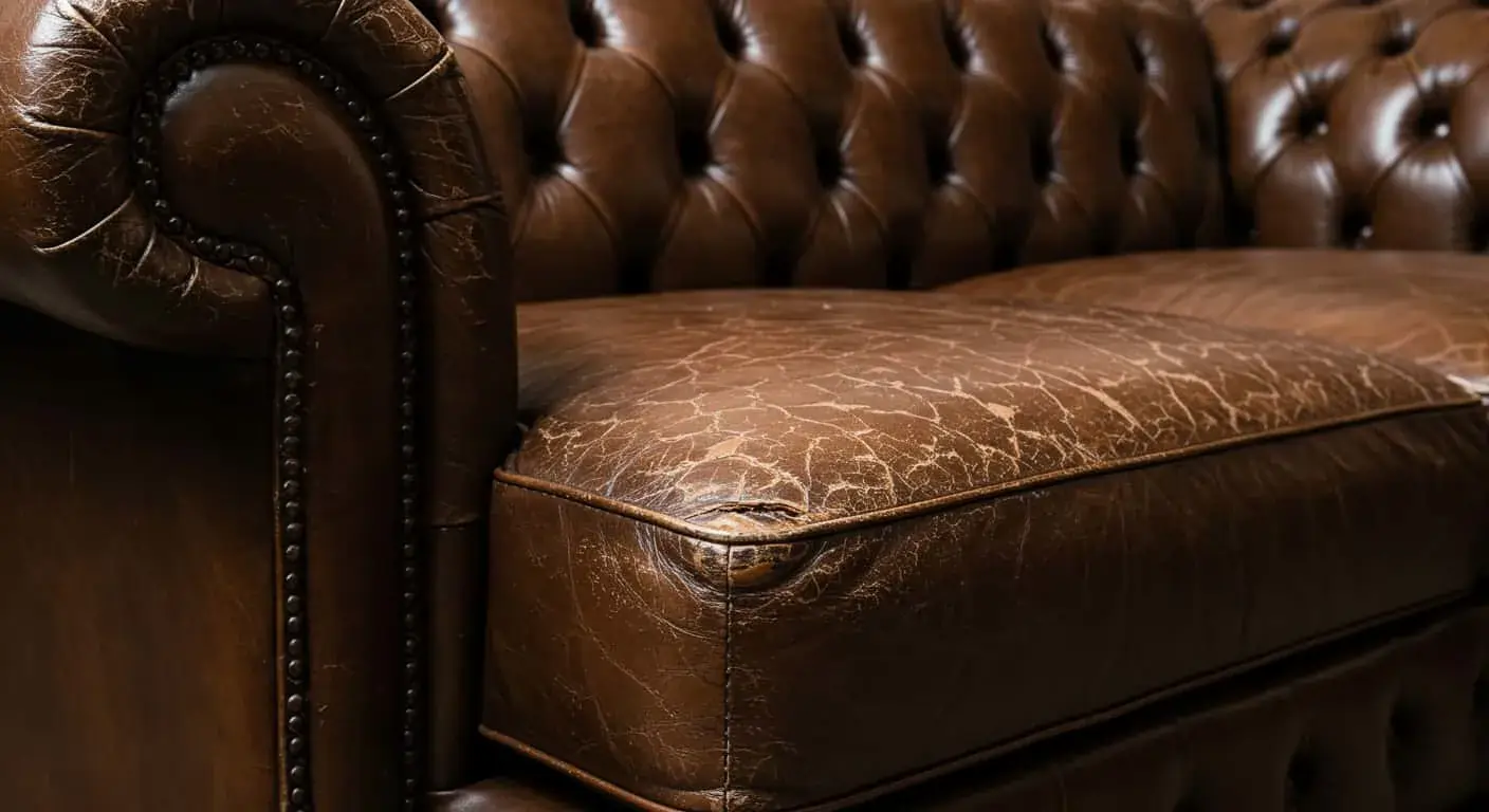Bonded leather sofa with polymer topcoat peeling away from the substrate before strip-and-recoat repair