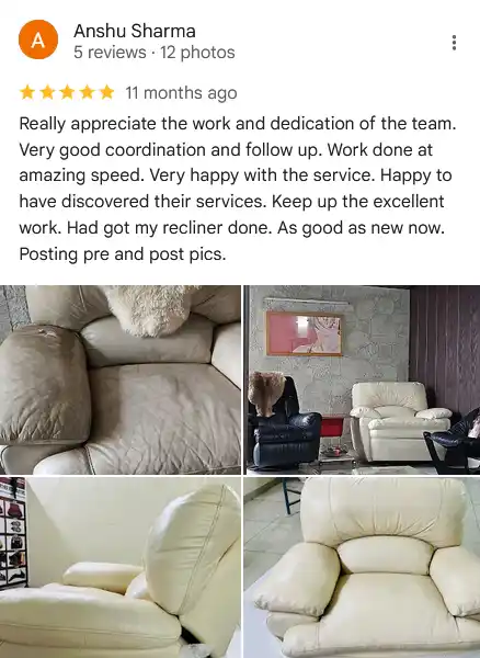 Handwritten thank-you note from A. Mehra, Natuzzi 3-seater restoration, South Delhi