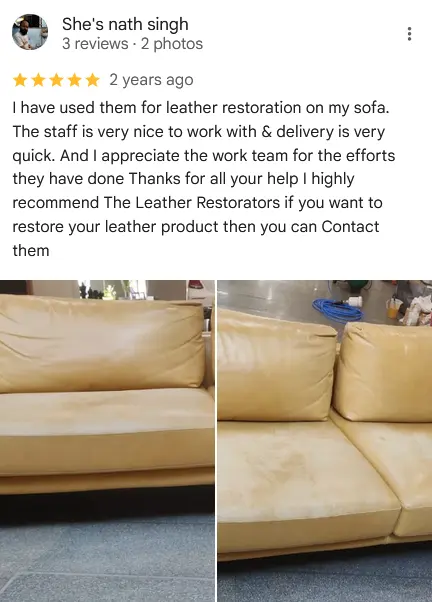 P. Sethi testimonial on oxblood Chesterfield recolour and pigment match, Noida villa